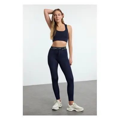 Trendyol Dark Navy Blue Tie and Slogan Elastic Detailed Full Length Knitted Sports Leggings