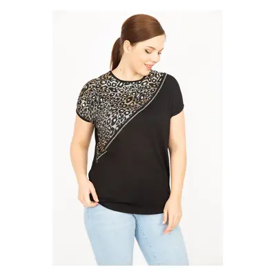 Şans Women's Black Plus Size Lame Print And Stone Detailed Blouse