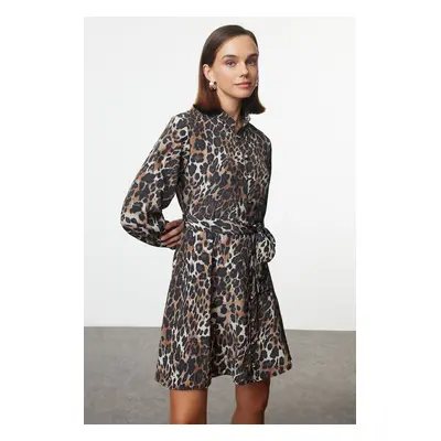 Trendyol Brown Belted Leopard Pattern Lined Mini Woven Shirt Dress