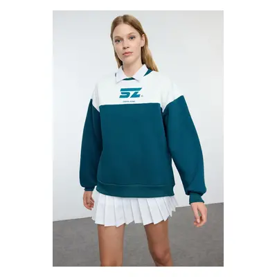 Trendyol Petrol Color Block Oversize / Wide Fit Thick Fleece Inside Knitted Sweatshirt