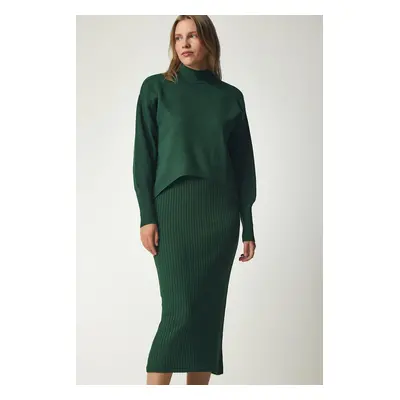 Happiness İstanbul Women's Dark Green Ribbed Knitwear Sweater Dress