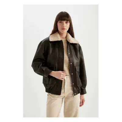 DEFACTO Regular Fit Faux Für Collar Faux Leather Jacket Coat