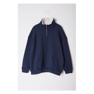 Trendyol Navy Blue Oversize/Wide Cut Stand Collar Zippered Plus Size Sweatshirt