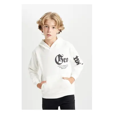 DEFACTO Boy's Ecru Hooded Slogan Printed Thick Sweatshirt