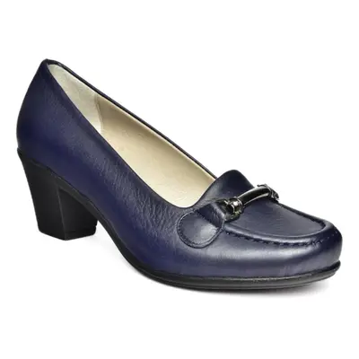 Fox Shoes R908037103 Navy Blue Genuine Leather Thick Heeled Women's Shoes