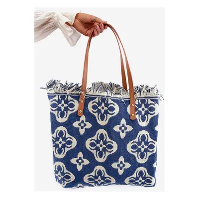 Patterned Large Woven Beach Bag Navy Blue Sadhara