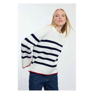 Trendyol Ecru Soft Texture Wide Pattern Basic Striped Knitwear Sweater