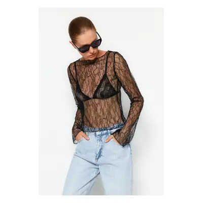 Trendyol Black Regular Fit Boat Neck Lace Elastic Knitted Blouse