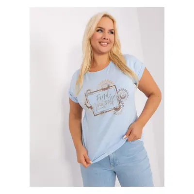 Light blue plus size blouse with appliqué and print