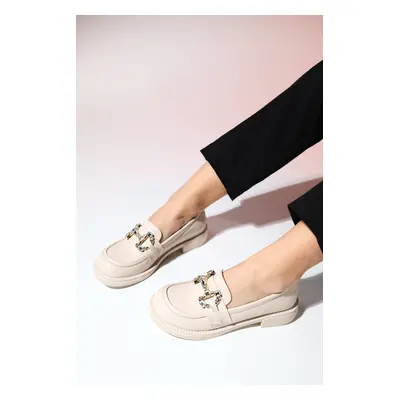 LuviShoes NORMAN Cream Skin Stone Buckle Women's Loafer Shoes