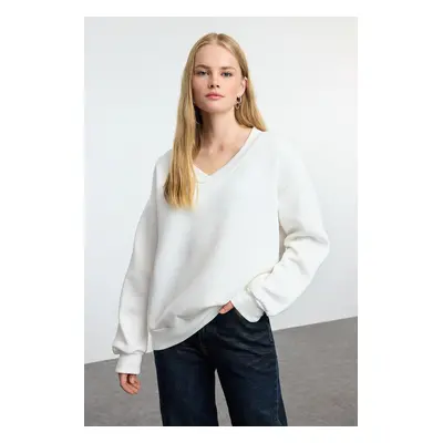 Trendyol Ecru Basic V Neck Oversize/Wide Pattern Thick Polar Fleece Knitted Sweatshirt