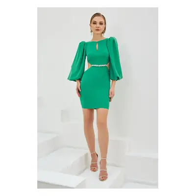 Carmen Green Crepe Stone Balloon Sleeve Short Evening Dress