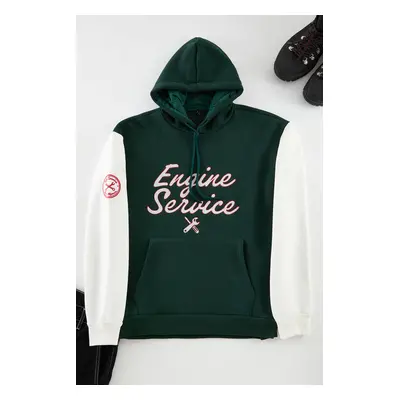 Trendyol Emerald Green Oversize/Wide Cut Text Printed Color Block Hooded Sweatshirt with Fleece 