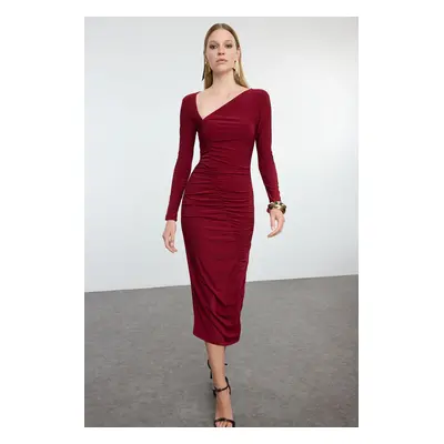 Trendyol Burgundy Draped Woven Dress with Fitted Collar Detail