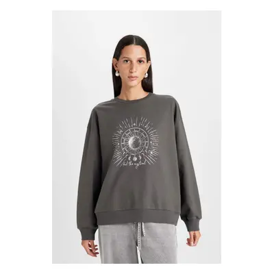 DEFACTO Relax Fit Crew Neck Printed Thin Anthracite Sweatshirt D5925ax24au