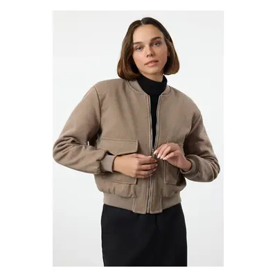 Trendyol Dark Mink Regular Pattern Knitted Cashmere Bomber Jacket Coat