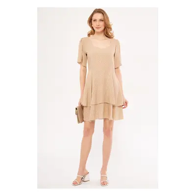 armonika Women's Beige Minus Dress Short Sleeve Skirt Layered Zippered Patterned Mini Size