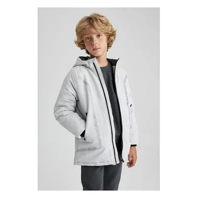 DEFACTO Boys Water Repellent Reflector Printed Hooded Fleece Lined Coat