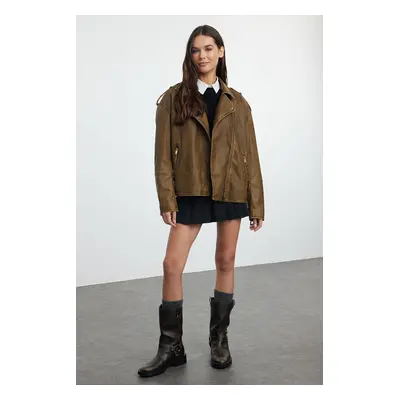 Trendyol Brown Oversize Washed Effect Faux Leather Biker Jacket Coat