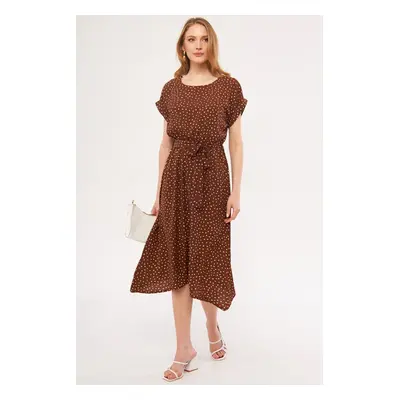 armonika Women's Brown Polka Dot Waist Elastic Tie Dress