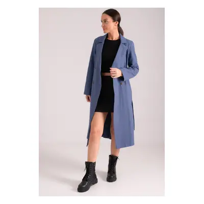 armonika Women's Dark Blue Double Breasted Collar Waist Belted Long Trench Coat