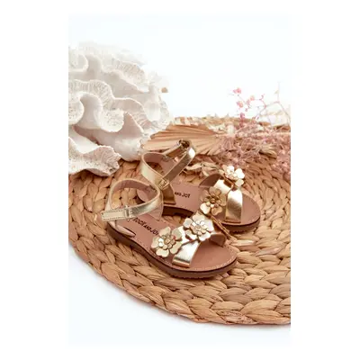 Children's sandals decorated with flowers, Velcro fastening, gold fagossa