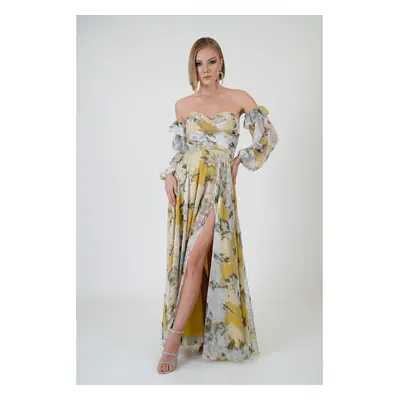 Carmen Yellow Strapless Slit Printed Evening Dress