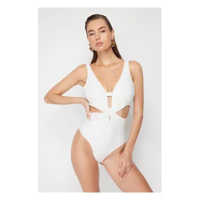 Trendyol Ecru Deep Decollete Cut Out/Windowed Regular Swimsuit