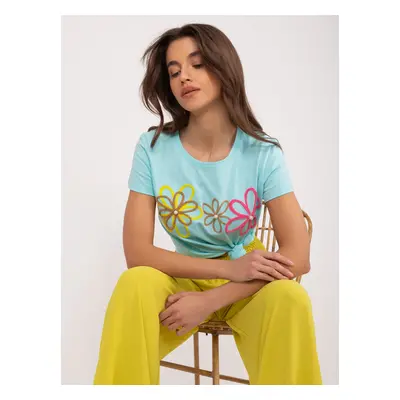 Mint T-shirt with floral appliqué BASIC FEEL GOOD