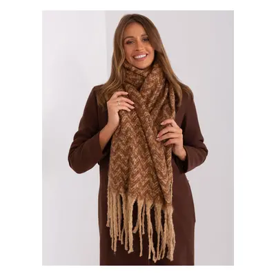 Camel and brown patterned scarf with fringe