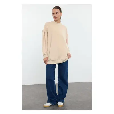 Trendyol Beige Pearl Detailed Stand Collar Knitted Sweatshirt