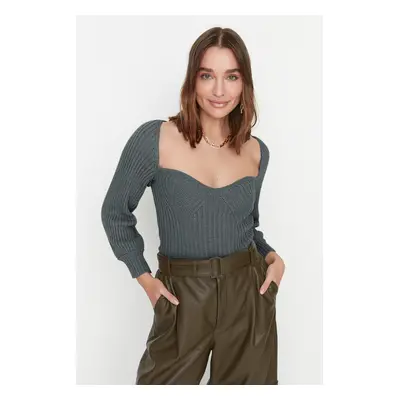 Trendyol Anthracite Crop Sweetheart Neck Knitwear Sweater