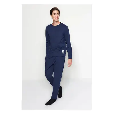 Trendyol Navy Blue Label Detail Knitted Pajamas Set