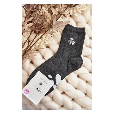 Women's cotton socks with teddy bear applique, dark grey