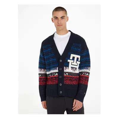 Dark blue men's striped cardigan with a blend of Tommy Hilfiger wool - Men