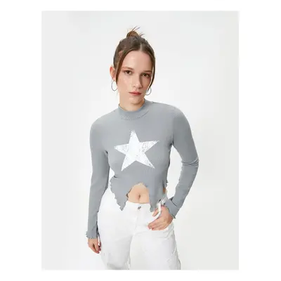 Koton High Neck Crop T-Shirt Asymmetric Cut Long Sleeve Star Print Detailed Ribbed