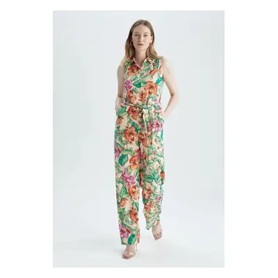 DEFACTO Shirt Collar Floral Sleeveless Long Jumpsuit