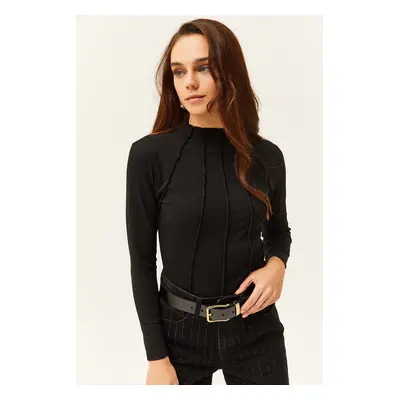 Olalook Women's Black Pieced High Neck Lycra Crop Blouse