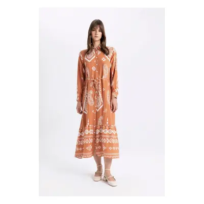 DEFACTO Shirt Collar Patterned Long Sleeve Maxi Dress