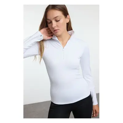 Trendyol White Extra Warm Zippered Polar Fleece Winter Knitted Sports Sweatshirt