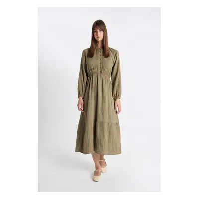 DEFACTO Relax Fit Crew Neck Linen Blend Long Sleeve Dress