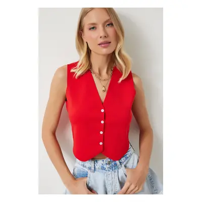 Happiness İstanbul Women's Red V-Neck Buttoned Summer Knitwear Vest