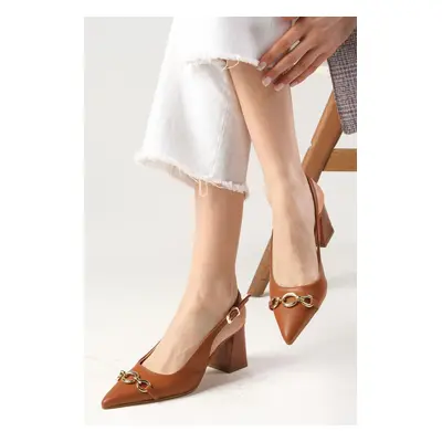 Mio Gusto Elvin Tan Color Pointed Toe Heeled Shoes with Chain Accessories