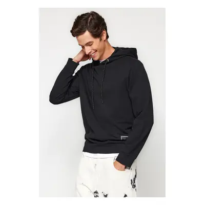 Trendyol Black Regular/Regular Fit Hooded Labeled Fleece Fleece Thick Sweatshirt