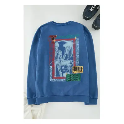 Trendyol Indigo Oversize/Wide Cut Distressed/Faded Effect Back Printed Cotton Sweatshirt