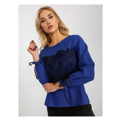 Cobalt blue formal blouse with lace insert