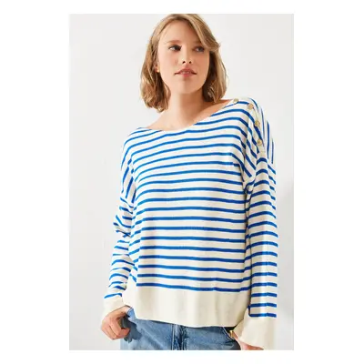 Bianco Lucci Women's Striped Shoulder Buttoned Sweater