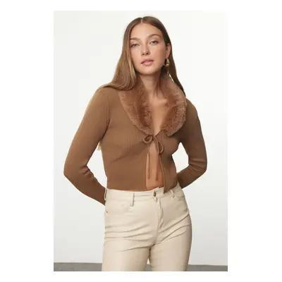 Trendyol Mink Faux Für Collar Tie Detail Knitted Cardigan