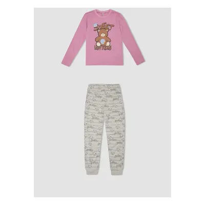 DEFACTO Girls Pajama Set Teddy Bear Printed Long Sleeve Top Elastic Waist Patterned Long Bottom