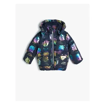 Koton Oversize Down Coat Unicorn Printed Covered Pocket Fleece Lined